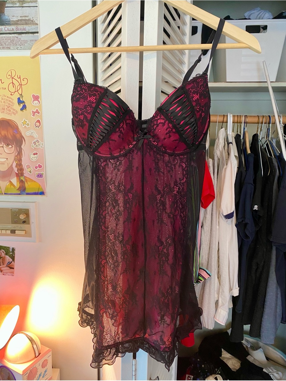 Sheer Lace Babydoll Nightdress in Burgundy and Black